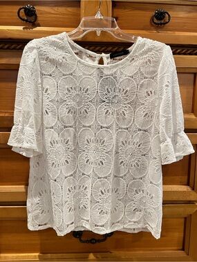 Luxveer White Lace Crochet Floral Short Sleeve Blouse Sz M